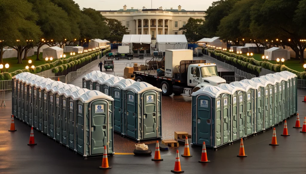 Festival porta potty bank with barricades in Minot, North Dakota